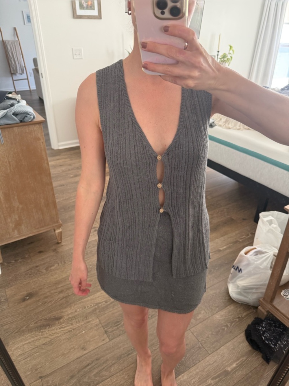 SOLD Free people beach Gray Knit Button Vest and skirt set